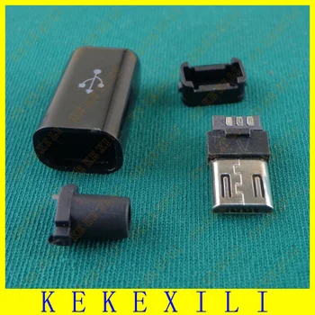 50шт Мъжки Micro USB Type B, 5pin, жак за изграждане на четири части, 4 в 1 черен цвят, безплатна доставка