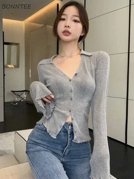 Вязаная тениска дамска тънка секси с дълъг ръкав за всеки ден, с V-образно деколте, ежедневно в корейски стил, в стил чист ретро, минималистичная, за най-горещите момичета, пролетна бистра