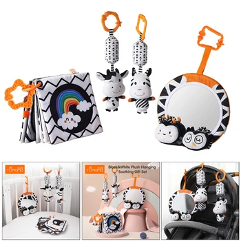 Детска количка, украса за легла, завеси, плюшени играчки, дрънкалки, огледалце за корема, набор от играчки, черно и бяло