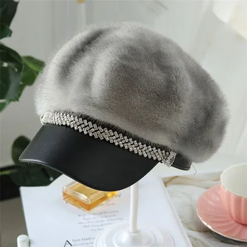 2023 Модни норковая кожа капачка за жени, шапка от масивна естествена кожа, най-аксесоари, топли кожени шапки за руска зима за една дама