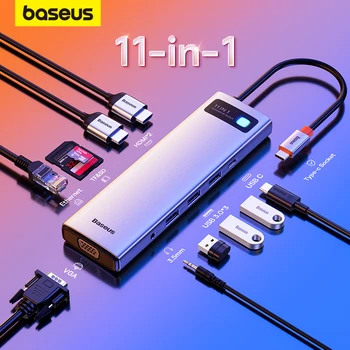 Baseus C USB ХЪБ към HDMI-съвместим Адаптер, VGA, USB 3.0 9/11 в 1 USB Type C HUB Докинг станция за MacBook Pro Air PD RJ-45 четец за SD-карти