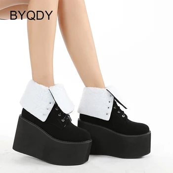 BYQDY/ Топли Зимни Дамски обувки на меху, Дамски Зимни обувки на платформа и Танкетке с кръгла пръсти, Големи Размери, Замшевая Дамски Обувки за Зимата