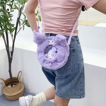 Sanrio Kuromi Cartoony раница Melody Cinnamoroll Преносима чанта през рамо на една плюшена цип, мека и очарователна чанта за съхранение