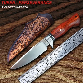 TUREN-440C Фиксиран Нож С Дървена Дръжка От Кожа Растително Дъбени, Сабя 59HRC, Ръчни инструменти За Оцеляване На Открито, Ловен Прав Нож