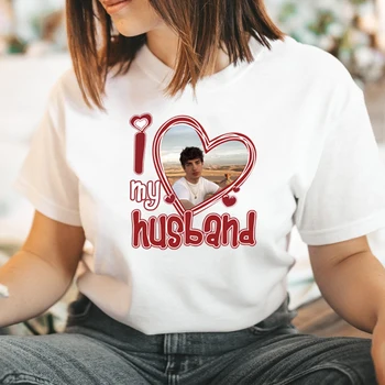 Аз Обичам съпруга Си с вашата Снимка Памучен Тениска с кръгло деколте Графична Тениска На Поръчка Персонални Тениска с ваша Снимка Подарък на Жена си Жена