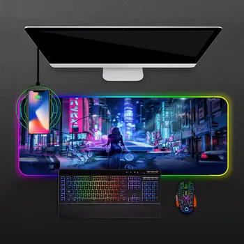 Аксесоари за геймъри RGB Безжична зареждане подложка за мишка Градска улица нощ Нова функция лаптоп силиконова клавиатура с подсветка на Подложка за мишка