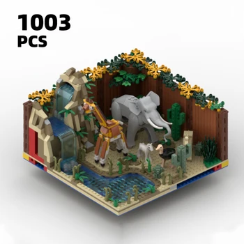 Африкански зоопарк MOC на Модулен пакет от тухли с животни, модел с изглед към улицата, Водопад, строителни блокове, определени играчки 
