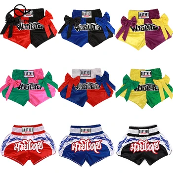 Боксови шорти дамски Мъжки детски шорти Муай Тай с лък, сатенени шорти за кикбоксинга, облекла за бойни изкуства MMA 2023