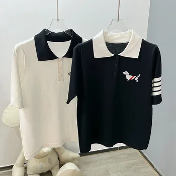 Високо качество, корейски стил, пролет-лято, нова риза с бродерия на гърдите на кучето от вълна TB, четири ленти, тениска с кръгло деколте, риза за жени