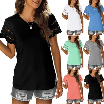 Годишна жена лейси лоскутная тениска с къс ръкав, отгоре с кръгло деколте, женски обикновена тениски, дамски ежедневни облекла, ежедневни облекла