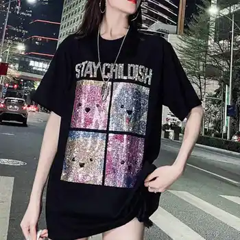 Дамска Лятна тениска големи размери топ с къс ръкав, Свободна тениска с перли и диаманти, Модни и Ежедневни тениска в корейски стил