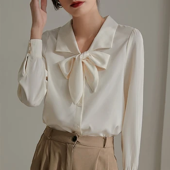 Дамски елегантни однотонная блуза с шал яка лък, пролет-есен, офис дамска блуза с дълъг ръкав, риза, топ
