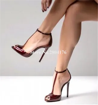 Дамски модни стилни обувки-лодка от лачена кожа на висок ток с отворени пръсти, вино-червено вечерни обувки на висок ток с Т-образно каишка