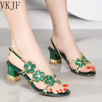 Дамски сандали Нови сватбени обувки на висок ток, инкрустиран с кристали и диаманти, с отворени пръсти 2023, модни богемные женски обувки в римски стил