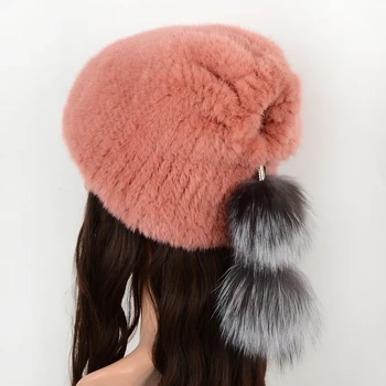 Дамски шапки от естествена кожа на норка, нови възли шапки с pom-помераните от лисьего кожа, дамски розова капачка, зимни лукс за жени