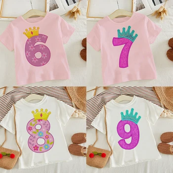 Детска тениска с персонализирани номера на датата на раждане, име, тениска с корона за момичета, дрехи за момичета, риза за парти по случай рожден ден, детски тениски, дрехи за деца