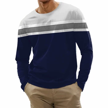 Есенно-пролетни мъжки ежедневни ризи на райета с дълъг ръкав и кръгло деколте, ежедневни базова тениска, пуловер, потници, облекло