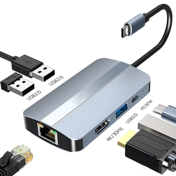 Зарядно устройство-USB хъб C 6 в 1, USB Адаптер C с 4K, HDMI, 1 USB 3.0, 2 USB 2.0, четец на карти TF / SD, Ethernet, PD капацитет 87 W за MacBook
