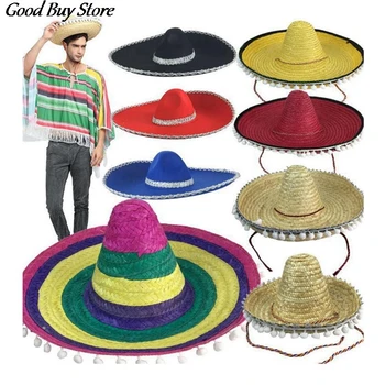 Карнавальное сомбреро за мъже и жени, вечерни шапки от слънцето, мексиканска шапка от естествена слама, Панама с широка периферия, регулируеми модни шапки в ретро стил