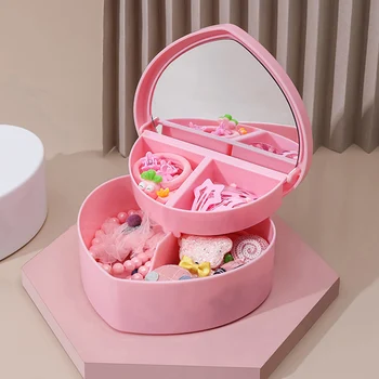 Кутия за съхранение на розови сърца за момичета с огледало, настолна ковчег за бижута кутия за съхранение на Сакуры, звезди, любов, двоен калъф за съхранение