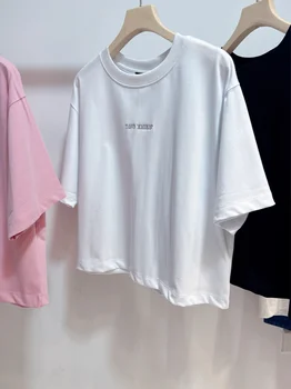 Летни дамски свободни памучни блузи с кръгло деколте и къси букви, тънки тениски с къс ръкав