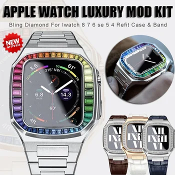 Луксозен комплект модификация с диаманти за Apple Watch Серия 6 SE 5 4, луксозен корпус от неръждаема стомана, каишка от каучук iWatch 44 мм 40 мм