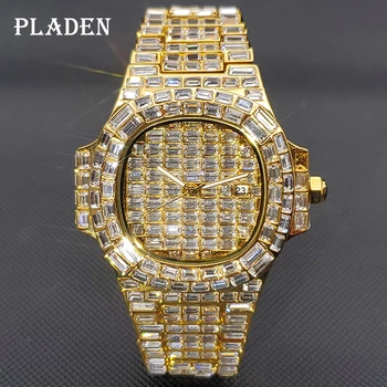 Луксозни мъжки часовник от злато 18 Карата в стил хип-хоп, кварцов ръчен часовник с диаманти, бижута в стил пънк Ice Out, часовник-гривна Relógio masculino