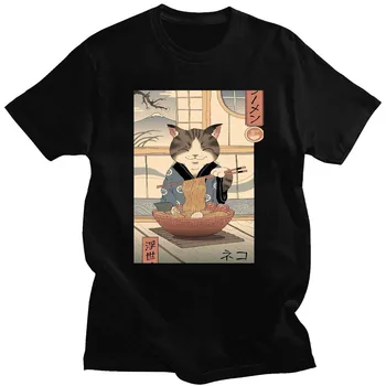 Лятна мъжка готина свободна женска тениска, ежедневни памучен тениска с изображение на котка, тениска с аниме, японски тениска унисекс, потници, тениска