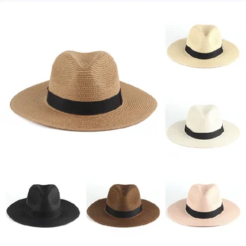 Лятна нова солнцезащитная шапка с широка периферия, джаз шапки, лента лента, класическо черно бяла градинска и плажна солнцезащитная ежедневни дамски мъжки сламена шапка
