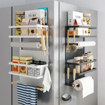 Магнитен рафт за съхранение на хладилника, държач за хвърляне на салфетки, магнитен органайзер, закачалка за подправки, декоративна метална етажерка за кухня