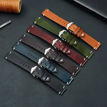 Масло-восък кожена каишка за часовника 18 мм, 20 мм, 22 мм, черен, син, зелен, червен цвят, ретро каишка за часовник, разменени мъжки каишка за часовници, аксесоари