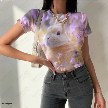 Модерен дамски Облегающая тениска с къс ръкав, Ежедневни тениски с облика на животните 3D Принтом, Темпераментен Женска тениска с кръгло деколте и къс ръкав, Къс Топ