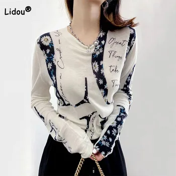 Модерно обзаведен тениска с кръгло деколте и цветисти принтом, корейски вязаный пуловер с писмото принтом, пролет-есен облекло за жени, тънки върхове