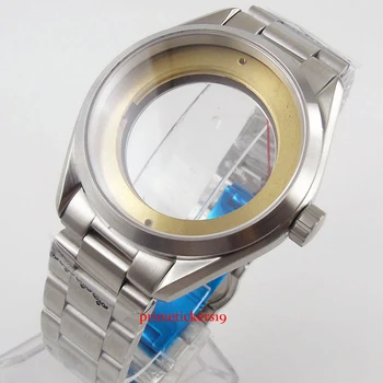 Нов прием на Кръгла 41 мм модерен корпус за часовник със сапфир стъкло + каишка за часовник от неръждаема стомана, подходящ MIYOTA механизъм за самостоятелно ликвидация