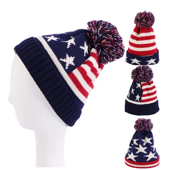 Нова зимна Унисекс вязаная шапчица-Бини с изображение на знамето на САЩ, вязаная шапка с pom-помераните, вълнена шапка, Шапка с флага на САЩ, безплатна доставка