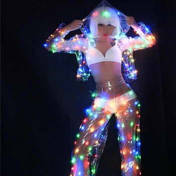 Облекло танцьорка в нощен клуб Rave Гого, светещо облекло, прозрачно светещо яке, панталони, сексуална празнична облекло, костюм за Хелоуин 2023