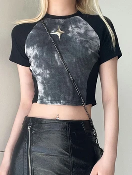 Оборудвана топ с градиентным модел, за пикантни момичета, женски, с метален декор, универсална тениска с ръкави raglan и вложки, тънка тениска