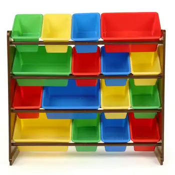 Органайзер за съхранение на играчки от орехово дърво с 16 разноцветни пластмасови чекмеджета за съхранение, мрежест кутия за съхранение, дървена кутия, органайзер за дрехи, колекция от монети