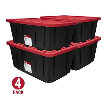 Пластмасов контейнер за съхранение с штабелируемой защелкивающейся капак обем 27 литра, черна основа / червен капак, комплект от 4