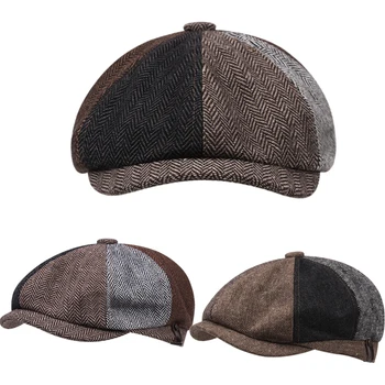 Ретро-барети, шапки за газетчиков, мъжки модни плоска шапка на коледна елха, в есенно-зимната мъжки дамски реколта осмоъгълна шапка на художник